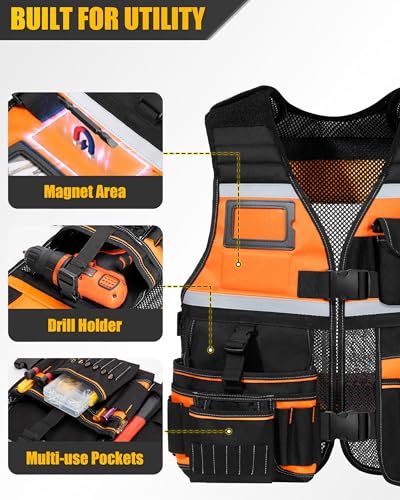Electrician Tool Vest for Men, Carpenter Safety Work Vest - color: Orange