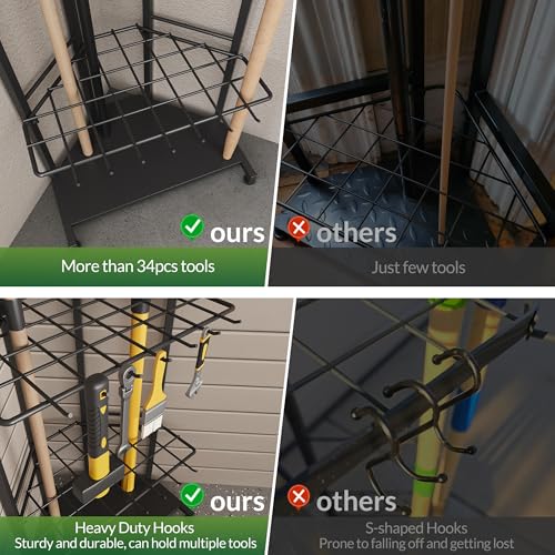 Garden Tool Organizer for Corner - Heavy Duty Metal Rack with 34 Storage Compartments & 14 Hooks for Shovels, Rakes, Long-Handled Tools, Ideal for Garden, Shed, Garage Storage - style: Corner Rack