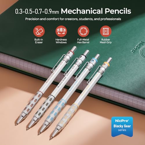 Nicpro 4 Pack Blocky Gear 0.3/0.5/0.7/0.9 mm Metal Mechanical Pencils Set - style: 0.3 0.5 0.7 0.9mm