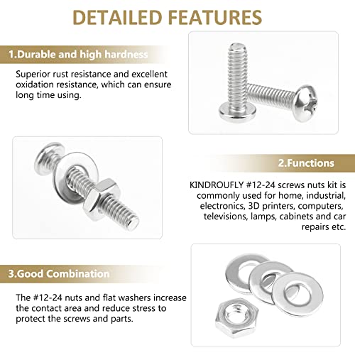 104 Pieces #12-24x 5/16", 3/8", 1/2", 5/8", 3/4", 7/8", 1", 1-1/4", Phillips Pan Head Machine Screws Nuts Washers Assortment Kit, 304 Stainless Steel, Fully Machine Thread - size: #12-24