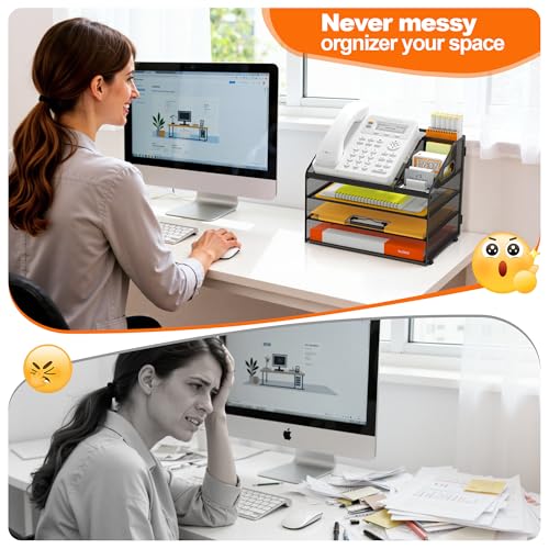 DocNest 4 Tier Metal Mesh Desk File Organizer with Phone Shelf, Black - color: Black, size: 12.6" x 9.1" x 10.3"