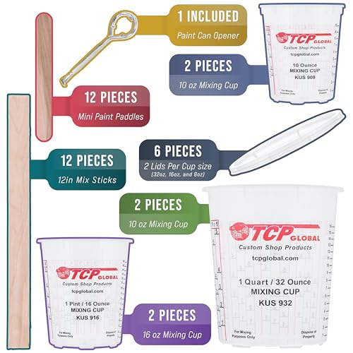 TCP Global Complete Paint Mixing Kit - 12 Cups with Lids, Mixing Sticks