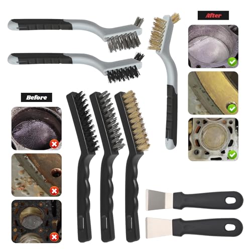 VASTOOLS 8 Pack Wire Brush & Scraper Set, 7"+9" Brass/Stainless Steel/Nylon Brushes with Stiff Putty Knives for Rust, Paint, Grease Removal, Metal, Tile, Concrete & Household Cleaning - size: 7" 9"