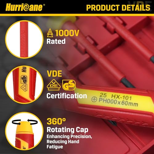 HURRICANE 6-Piece Insulated Precision Screwdriver Set, 1000V VDE Certified Small Electrician Screwdrivers with Magnetic Tips, PH000-PH0 & SL2.0-3.0mm for Terminal Blocks, Household Electrical Repairs - size: 6 pc Basic Mini Insulated Screwdriver