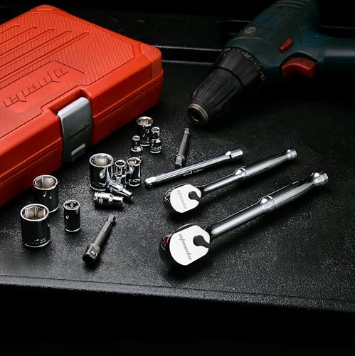 EPAuto 47 Pieces 1/4-Inch & 3/8-Inch Drive Socket Set, 90 Tooth Ratchet - color: Extended 47 Pcs