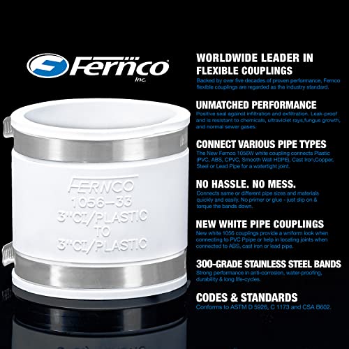 Fernco 1056-100 1-in. Flexible PVC Pipe Coupling for Plastic and Copper Plumbing Connections in White - size: 1 Inch