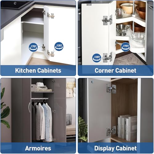 TamBee Corner Cabinet Hinge Bifold 175 Degree with Repair Plate Kit, 48mm Full Overlay Lazy Susan Cabinet Door Hinge Frameless - size: 175° Full Overlay + Plates