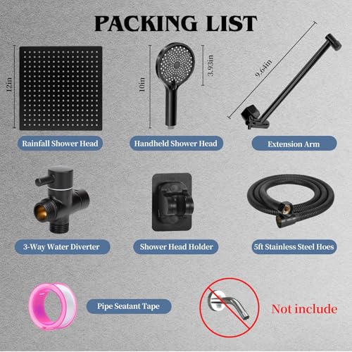 12 Inch Shower Head, Rain Shower Head with Adustable Extension Arm, Detachable Matte Black Rina Shower Head with Handheld Spray, High Pressure Shower Hose with Holder in Bathroom(Black) - color: Black, size: 12 Inch