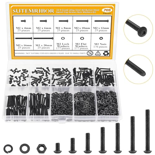 705 Pieces M2 Screws Nuts Washers Set Black, Sutemribor M2 x 4/6/8/10/12/16/20mm Button Head Socket Cap Screws Nuts Washers Assortment Kit, 10.9 Grade Alloy Steel, Fully Threaded - size: M2 x 4/6/8/10/12/16/20mm Kit, style: Button Head