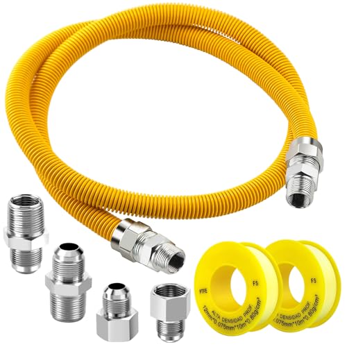 Puxyblue [2026 NEW] 48" Flexible Gas Line Kit for Dryer Stove Range Flexible Stainless Steel Gas Dryer Kit - 5/8" OD(1/2" ID) Dryer Gas Line with Connector 3/4" FIP & 1/2" MIP & 3/4" MIP Fitting