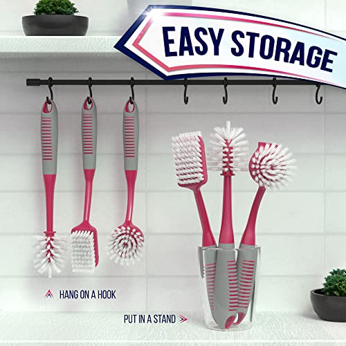 Dish Brush Set of 4 - Kitchen Scrub Brushes with Non-Slip Long Handle for Cleaning, Scrubber, Dishwashing, Dishes, Bottles, Straws, Cups, Pots & Sink, Red - color: Red