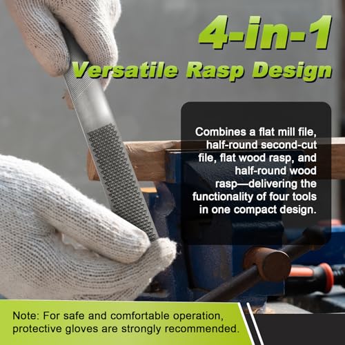Wood Rasp File, 8 Inch 4-in-1 High Carbon Steel Hand Tool with Flat, Half-Round, Round and Hand-Rasp Surfaces, for Wood, Soft Metal and Plastic, 1 Pack