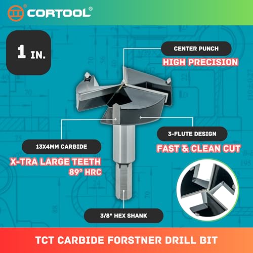 Forstner Drill Bit 1 Inch, Triple-Flute Carbide Tipped Forstner Bit for Hard Wood, Soft Wood, Veneered Plywood, Plastic, Drilling Hole Saw Woodworking Hinge Cutter Tool - style: 1 Inch