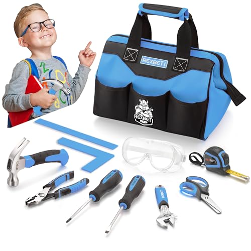 REXBETI 10-Piece Kids Tool Set with Real Hand Tools, Blue Durable Storage Bag, Children Learning Tool Kit for Home DIY and Woodworking,6+ Years Old Birthday Gift - color: Zima Blue