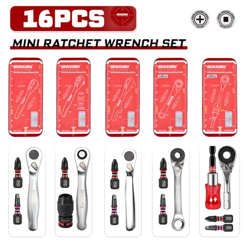 GEINXURN Mini Ratchet Wrench Set, 72 Teeth Ratchet Wrench For Tight Spaces, Locking Bit Holder, Change Adapter and Mini Socket Ratchet Comes in a Push-Pull Tin Case, Ideal for Repair and DIY projects - size: 16