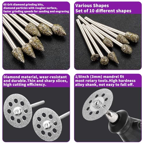 60 Grit Diamond Grinding Bit Set for Dremel, Rotary Tool Grinding Cutting Wheel 1/8” Shank for Stone Glass Tile Jewelry Engraving Rock Etching Carving Metal Wood - 32Pcs - style: Style 4