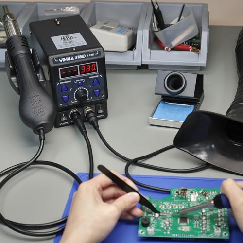 YIHUA 8786D I 2 in 1 Hot Air Rework and Soldering Iron Station with 10 Solder Iron Tips, 4 Hot Air Nozzles, °F /°C, Cool/Hot Air Conversion and Sleep Function