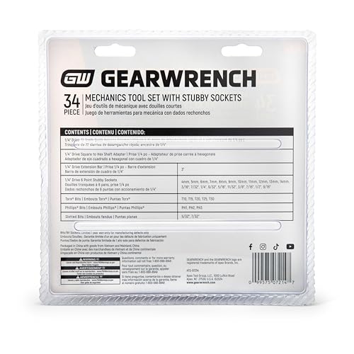 GEARWRENCH 34 Pc 1/4" Dr Stubby Socket Mechanics Hand Tool Set | GW72SWS14 - size: 34 Piece, style: SAE/Metric