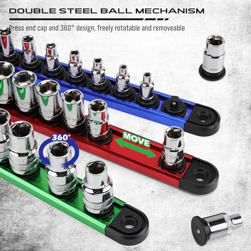 Magnetic Socket Holder Organizer Set: 9-Piece Detachable 1/4, 3/8, 1/2 Socket Trays Socket Organizer for Tool Box Drawer Holds 120-Piece Standard Size Sockets for Automotive Garage(Blue Red Green) - style: 9-Piece Alum. Rails (Holds 120)
