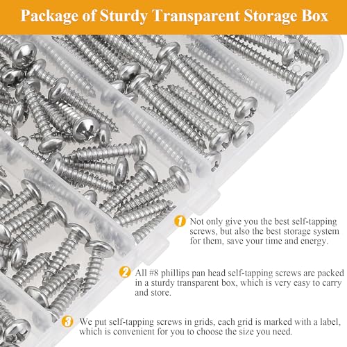 128 Pieces #8 x 1/2" 5/8" 3/4" 1" 1-1/4" Wood Screws Set, Phillips Pan Head #8 Self-Tapping Screws Assortment Kit, 304 Stainless Steel - size: #8, style: Phillips Pan Head