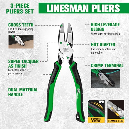 SK Pliers Set, 9.5'' Linesman, 8'' Diagonal & Needle Nose Pliers, 3-Piece - style: 3-Piece Pliers Set