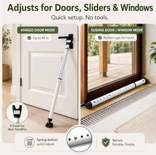 Door Security Bar, 18"-46" Adjustable Door Jammer with Large Anti-Slip Rotating Base, 1.3" Heavy Duty Steel Door Brace for Hinged Doors, Sliding Glass Patio Doors, Home, Apartment & Hotel