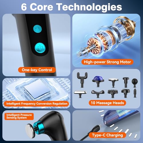 Foldable Heat Cold Massage Gun, 9 Speeds 10 Heads Cordless Handheld Percussion Massagers, Portable Electric Muscle Pain Relief Massager Gifts for Men Women Dad