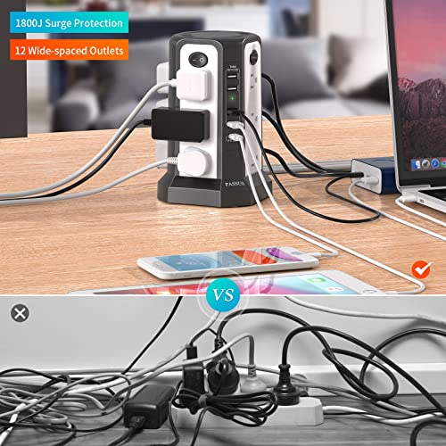 PASSUS Surge Protector Power Strip Tower 10FT with PD18W USB C Port - style: Black White-4A1C