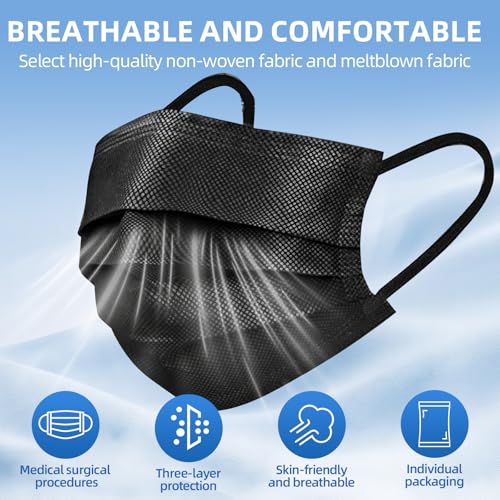50Pcs Surgical Masks,Black Disposable Face Masks,3-Ply Breathable Mask For Adults,Great For Outdoors, Home, Office, School - color: Black
