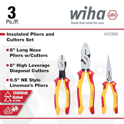 Wiha 32968 3 Piece Insulated Industrial Grip Pliers and Cutters Set