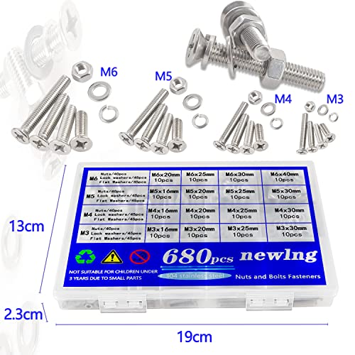 newlng 680pcs M3 M4 M5 M6 Flat Head Phillips Machine Screws with Nuts & Washers Kit 304 Stainless Steel Bolts and Nuts Washers Cross Countersunk Head Screws for DIY Repair Fixing Accessories - size: M3456-2