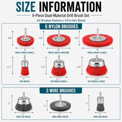 9-Piece Drill Brush Set, 6 Abrasive Nylon Brushes & 3 Wire Brushes for Drill, Wheel Cup and End Brushes with 1/4 Inch Hex Shank for Rust Removal, Paint Stripping and Surface Preparation
