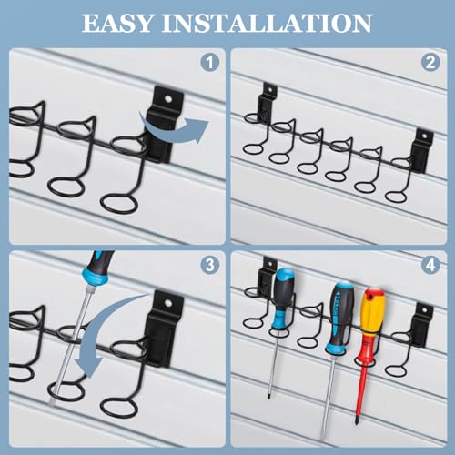 8 Pcs Slatwall Screwdriver Holders Stainless Steel Slat Wall Hooks Slat Boards Organizer Shelving Display Tool Rack Multi Ring for Workbench, Garage Tool Storage