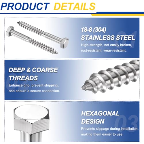 60 Pcs Hex Head Lag Screws 1/4" x2-1/2 SS 18-8 (304) Lag Bolts - color: Silver, size: 1/4"x2-1/2"