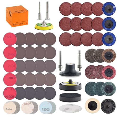 Tshya 117 Pack 2 inch Hook & Loop Quick Change Sanding Discs Set for Drill Sanding Attachment, Headlight Restoration & Multi-Surface Sanding, Wet/Dry Use, 36-3000 Grit