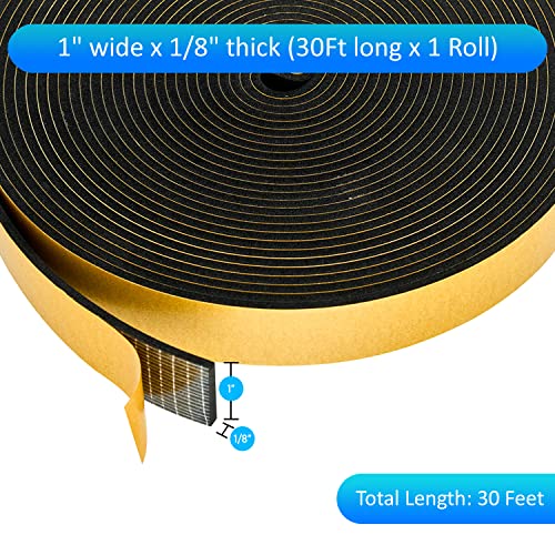 High Density Foam Weather Stripping Door Seal Strip Insulation Tape Roll for Insulating Door Frame, Window, Air Conditioner | Self Adhesive Sealing Weatherstrip (Black, 1 in x 1/8 in x 30 Ft) - color: Black, size: 1 In x 1/8 In x 30 Ft