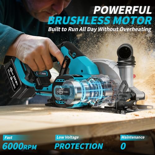 6" Cordless Circular Saw, Sierra Circular Inalambrica with 2 x 6.0Ah Battery, 7000RPM Brushless Handheld Circle Saw with 3 Blade, Max Cutting Depth 2-1/6"(90°), 1-1/4"(45°) for Wood Metal PVC