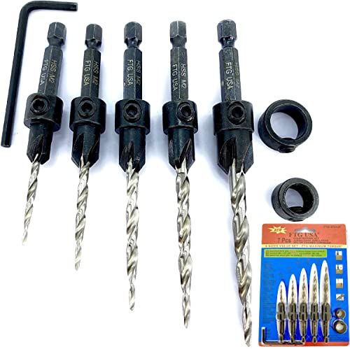 FTG USA 5 Pc Wood Countersink Set #4#6#8#10#12 w/ 2 Depth Stop Collars - size: #4#6#8#10#12, style: with Depth Stop