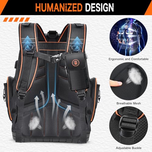 Tool Backpack with 2 Small Tool Bags – LOKASS Heavy Duty Backpack Tool Bag with Molded Base,1680D Tool Organizer with Laptop Compartment & Combination Lock, Water-Resistant Electrician & HVAC Tool Bag - color: Dark Black