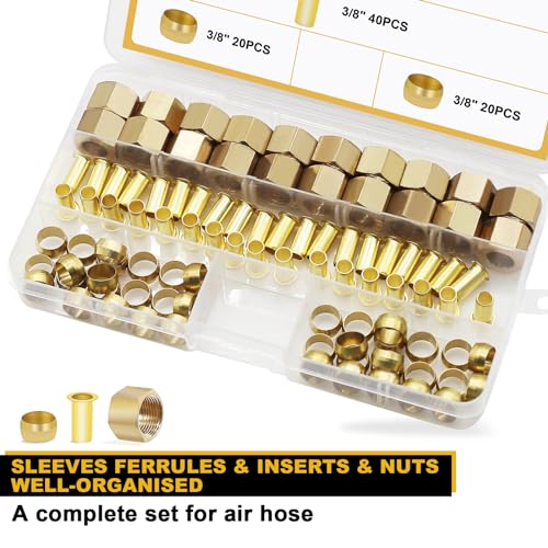 Siptenk 100PCS 3/8" Brass Compression Sleeves Ferrules & Inserts & Nuts - color: 100PCS 3/8" Fittings Sleeves Ferrules Inserts Nuts