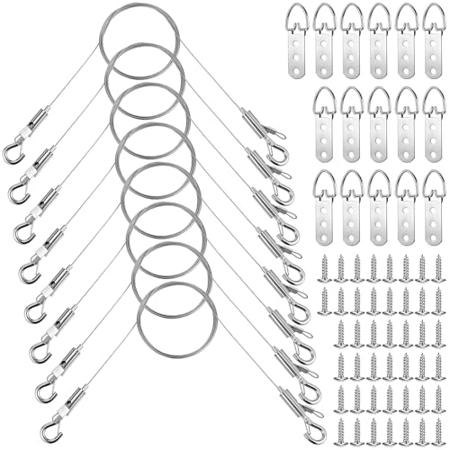 Picture Hanging Wire Kit Heavy Duty - 72PCS Adjustable Picture Wire with 8 Hanging Cables, 16 D Rings & 48 Screws for Mirrors, Frames, Artwork, Light Fixtures