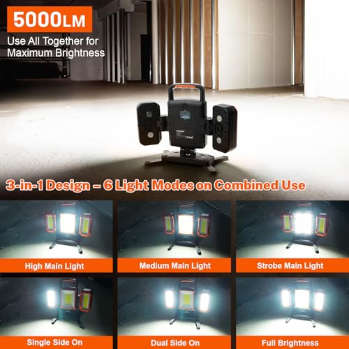 5000LM 50W Rechargeable Magnetic Work Light for Auto Repair, 2 Side Lights - color: Orange