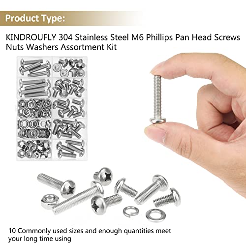 126 Pieces M6 x 8/10 /12/16 /20/25 /30mm Phillips Pan Head Machine Screws Nuts Washers Assortment Kit, 304 Stainless Steel, Fully Machine Thread - size: M6
