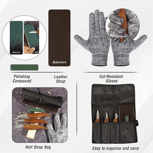 ABECIOUS Premium Wood Carving Tools 8 PCS - Wood Carving Knife, Wood Whittling Kit Includes Cut Resistant Gloves for Wood Carving, Rust-Free High Carbon Steel Wood Carving Knives with Rosewood Handle.