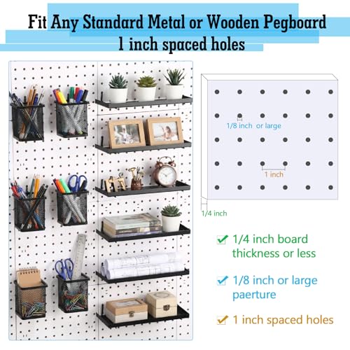 12 Pack Pegboard Organizer Accessories - 6 Pegboard Pencil Cups Holder Peg Board - 6 Shelves Metal Shelf Brackets - Tools Storage Arrange System Kit for Office Garage Room