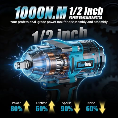 Bluebow Cordless Impact Wrench, 737.5 ft-lbs (1000 N·m) Brushless Impact Wrench with 2x4.0Ah Battery, 1/2" 3-Speed Modes Impact Gun with 4 Sockets for Pickup, Truck, Home Car - size: Medium