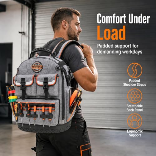 LOKASS Tool Backpack Heavy Duty, 18.5 in, 56 Pockets, Molded Bottom, Gray - color: Gray