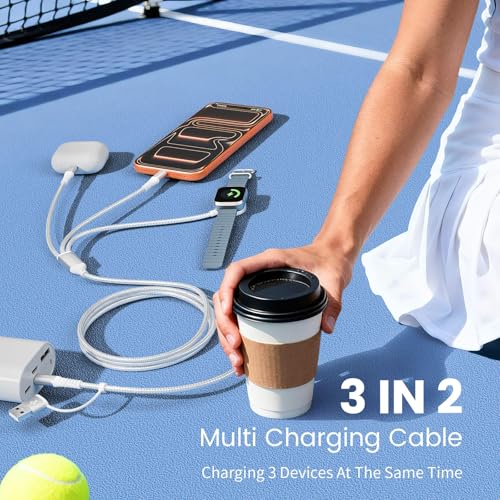 3 in 2 Multi Charging Cable/Cord with IP/USB C Charger Cable/iWatch Charger - color: Pearl White, size: 2Pack5FT