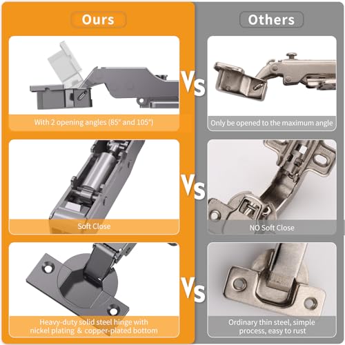 Chibery 10 Pack Frameless Half Overlay Soft Close Concealed Hinges, Black Titanium Plated, Self Closing, 105° Open Angle 3D Adjustment, Stop 85 ＆ 105 Degrees, Clip On, Stainless Steel for Cabinet Door - size: Half Overlay