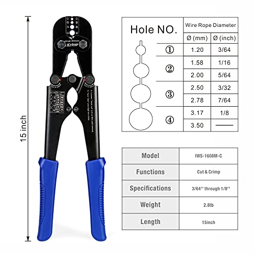 iCrimp Swaging Tool, Wire Rope Crimping Tools for Aluminum Copper Duplex Hourglass Sleeves, Stop Buttons and Ferrules with Built-in Cable Cutter Works from 3/64-inch to 1/8-inch